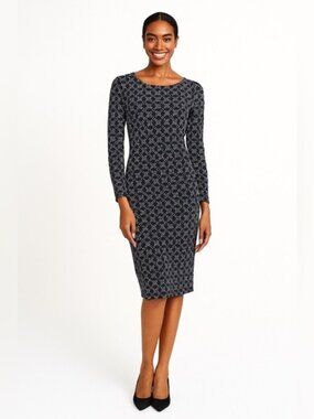 Boden Dot Print Ruched Sheath Dress Boatneck 3/4 Sleeve Stretch Knit Size 12R
